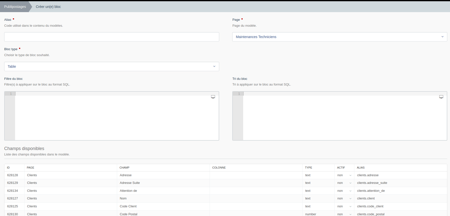Configuration d'un bloc